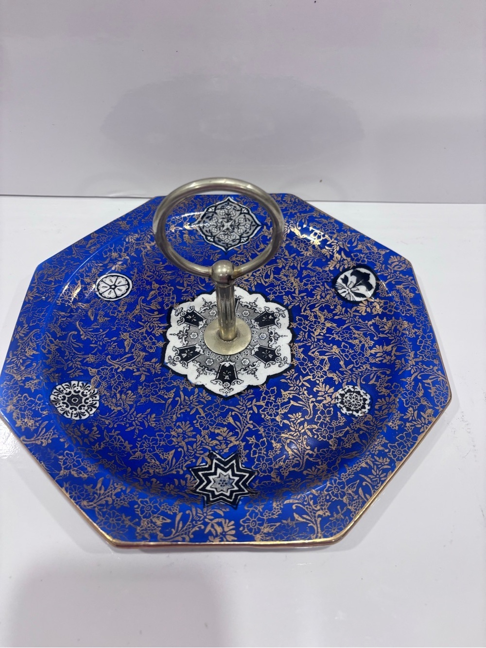 Vintage Osaka Fenton England Blue &gold Cake Plate W Handle -staffordshire Tray